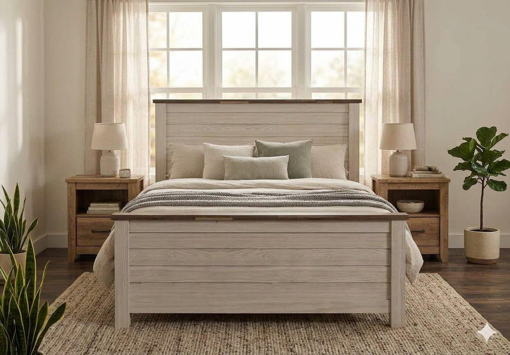 Signature Design by Ashley Willowton Queen Panel Bed Frame, Whitewash | Charming coastal shabby-chic aesthetic, Durable engineered wood construction, Complete headboard footboard and rails
