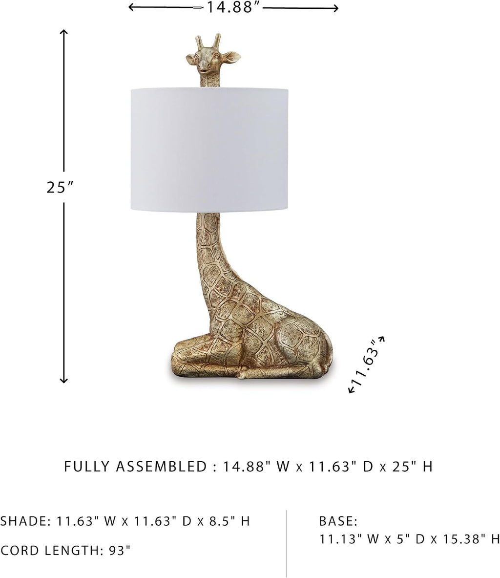 Signature Design by Ashley Giraffe Table Lamp, Goldtone Safari Animal Lamp | Sturdy goldtone polyresin base, Cotton and polyester drum hardback fabric shade, 25-inch tall modern safari style, Ferrison