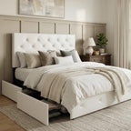 Allewie Queen Size Storage Bed Frame with 4 Underbed Drawers, Upholstered Platform Bed with Adjustable Headboard, Diamond Button Tufted, Easy Assembly, Noise-Free, No Box Spring Needed, White