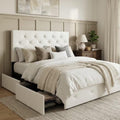 Allewie Queen Size Storage Bed Frame with 4 Underbed Drawers, Upholstered Platform Bed with Adjustable Headboard, Diamond Button Tufted, Easy Assembly, Noise-Free, No Box Spring Needed, White