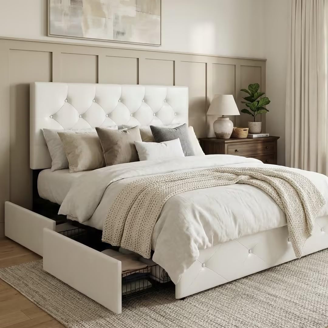 Allewie Queen Size Storage Bed Frame with 4 Underbed Drawers, Upholstered Platform Bed with Adjustable Headboard, Diamond Button Tufted, Easy Assembly, Noise-Free, No Box Spring Needed, White