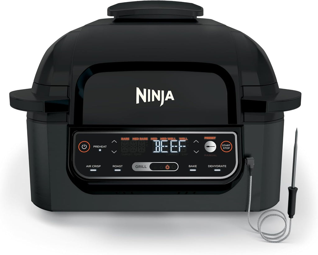 Ninja® Foodi® Smart 5-in-1 Indoor Grill & 4-qt Air Fryer, Black, LG451BK | Smart Cook System with temp probe delivers perfect doneness, rare to well done. Sears, sizzles & air fry crisps. 4-qt, 5-in-1
