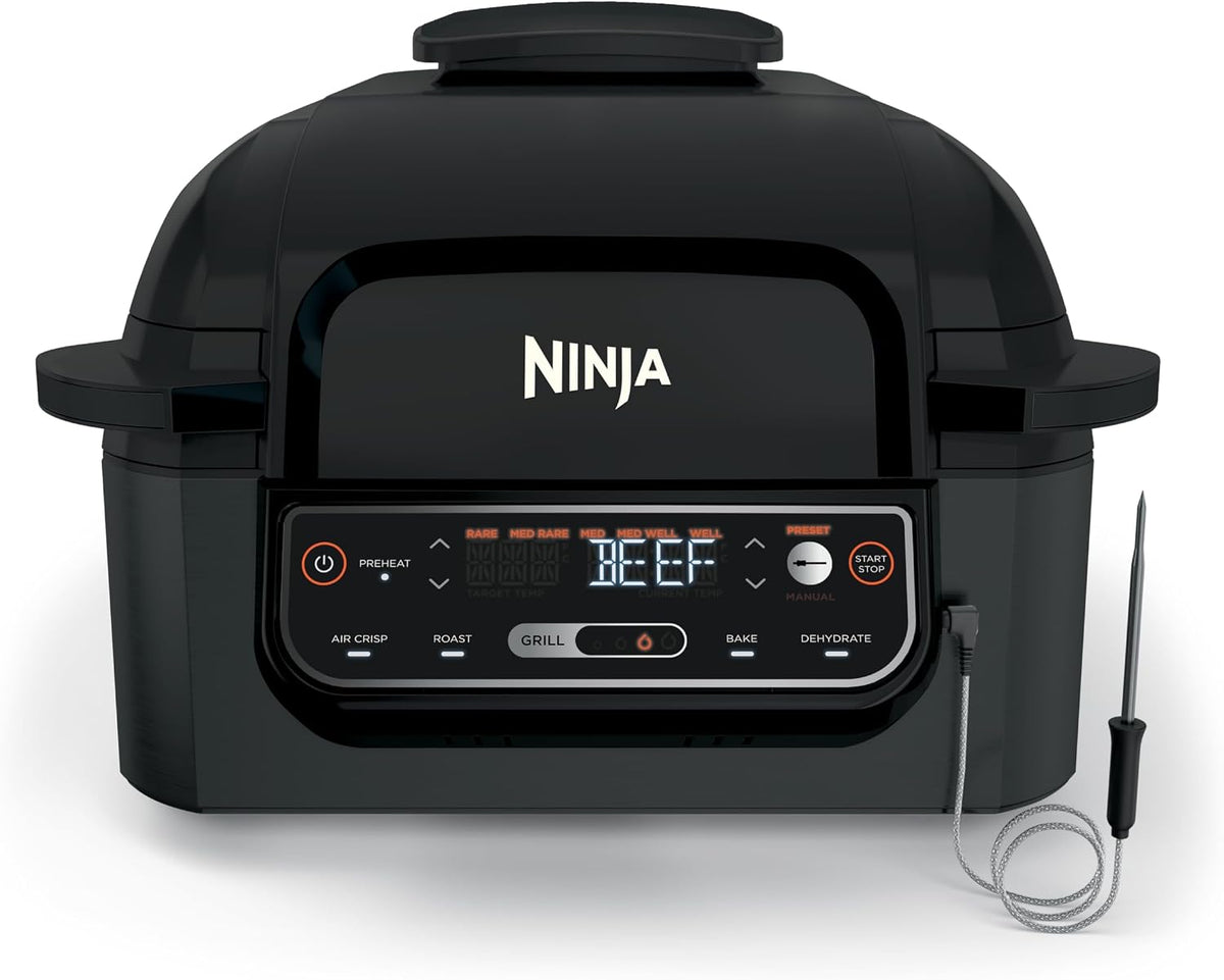 Ninja® Foodi® Smart 5-in-1 Indoor Grill & 4-qt Air Fryer, Black, LG451BK | Smart Cook System with temp probe delivers perfect doneness, rare to well done. Sears, sizzles & air fry crisps. 4-qt, 5-in-1