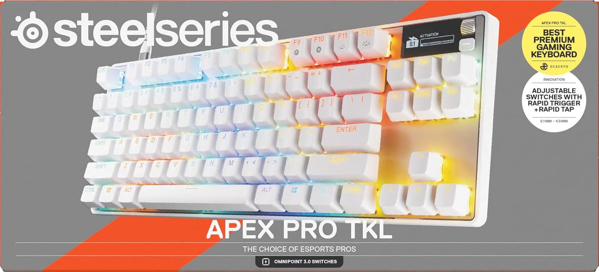 SteelSeries Apex Pro TKL Gen 3 - White Gaming Keyboard - Adjustable Hall Effect Switches; OmniPoint 3.0 - Game-Ready Presets - Rapid Trigger, Protection Mode, Rapid Tap/SOCD - English QWERTY