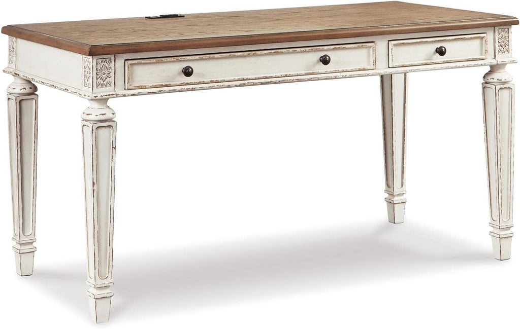 Ashley Realyn 60" Home Office Desk with USB Charging & Round End Table, Chipped White