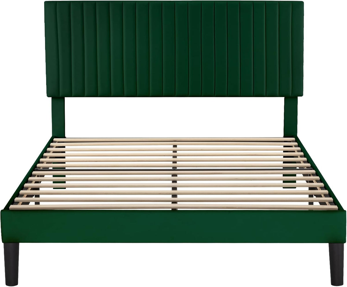 Allewie Queen Bed Frame, Velvet Upholstered Platform Bed with Adjustable Vertical Channel Tufted Headboard, Mattress Foundation with Strong Wooden Slats, Box Spring Optional, Easy Assembly, Green