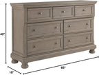 Signature Design by Ashley Lettner Dresser for Bedroom, 7 Drawer Burnished Gray Chest, 65-Inch Wide Traditional Style, Hidden Storage for Small Valuables, Light Gray