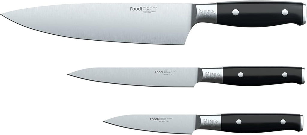 Ninja K32003 Foodi NeverDull System 3-Piece Chef Knife, Utility & Paring Set, Premium, German Stainless Steel, Black