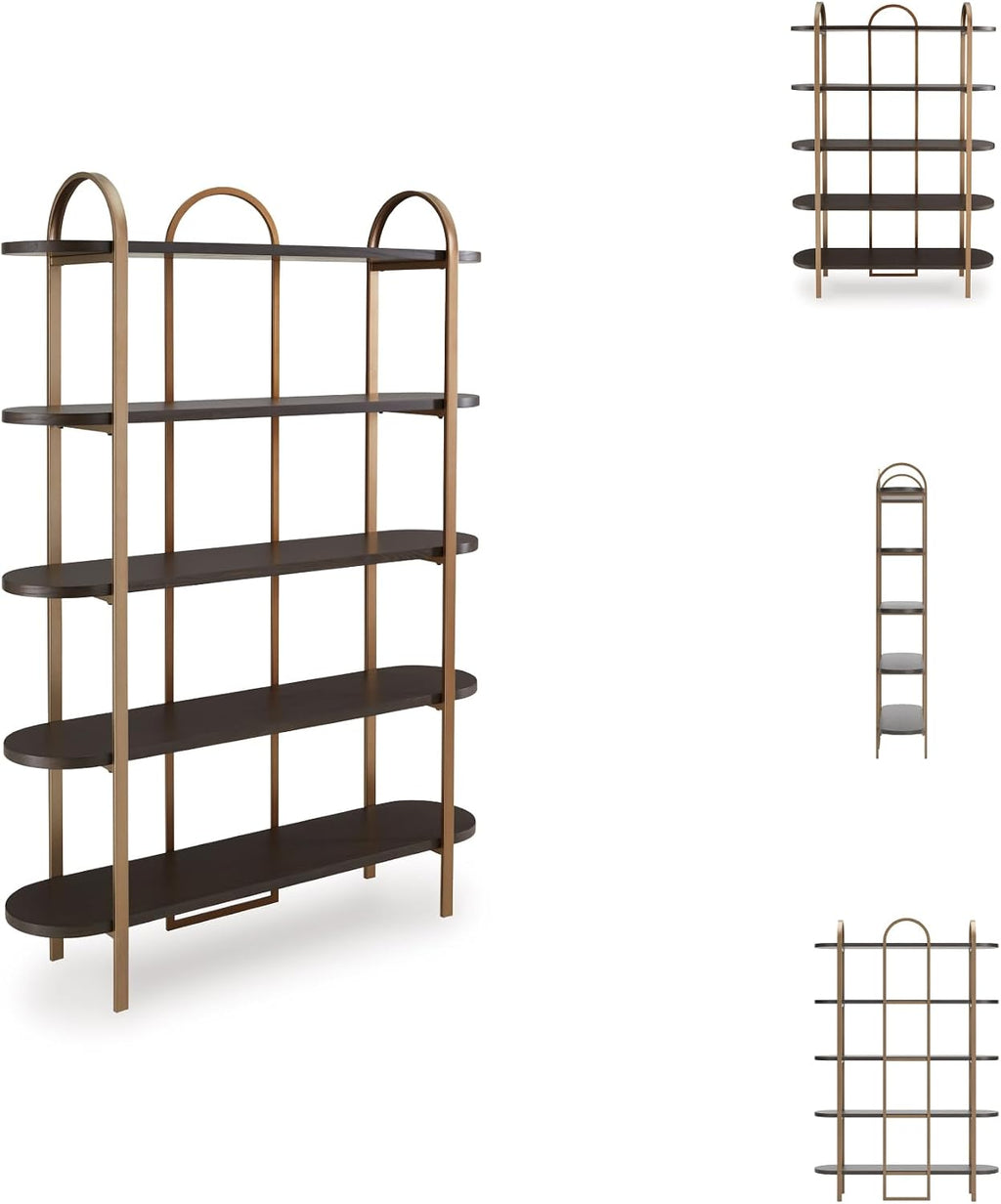 Signature Design by Ashley 5-Shelf Etagere Bookcase, Antiqued Gold | Antiqued goldtone metal frame, Ash veneer and engineered wood shelves, 48-inch wide open design, 72-inch height, Brentmour