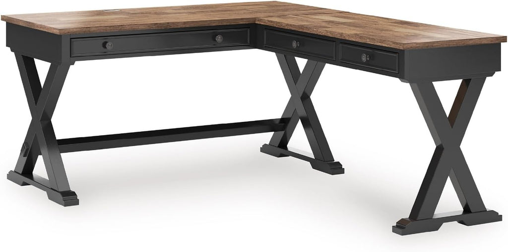 Signature Design by Ashley 2-Piece L-Shaped Corner Desk, Black/Brown | Hardwood solids, Mango wood veneer and MDF substrates, Modern farmhouse style, Dovetail drawers, Wildenauer Series