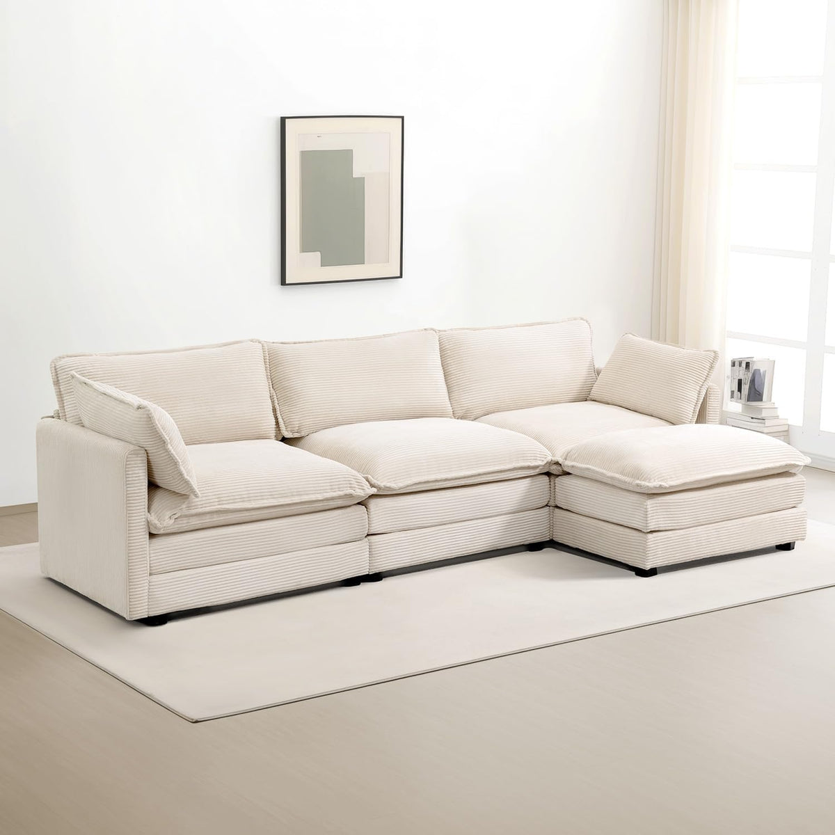 ROWHY 112'' Sectional Modular Cloud Couch, Oversized 5 Seat Couches U Shaped Sofa with 2 Movable Ottomans, 2 Throw Pillows, Upholstered Corduroy U Shape Comfy Deep Couches for Living Room, Beige