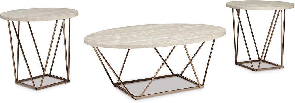 Signature Design by Ashley Faux Marble Coffee Table Set of 3, White & Gold | Supports 250 pounds, 47-inch oval center table and 2 24-inch high side tables, Light goldtone metal base, Tarica Series