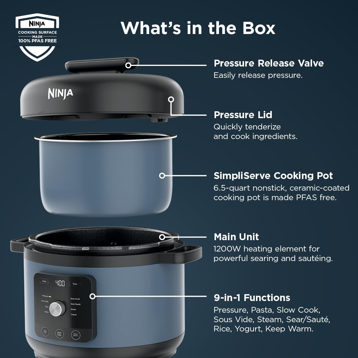 Ninja® HyperHeat™ 9-in-1 Pressure Cooker, 6.5-qt, Blue Macaron, PC201 | Cooks 2X faster, Sear, Sauté, Slow Cook, Steam & Sous Vide, 1200W, PFAS-free pot, removable SimpliServe™ pot for easy serving