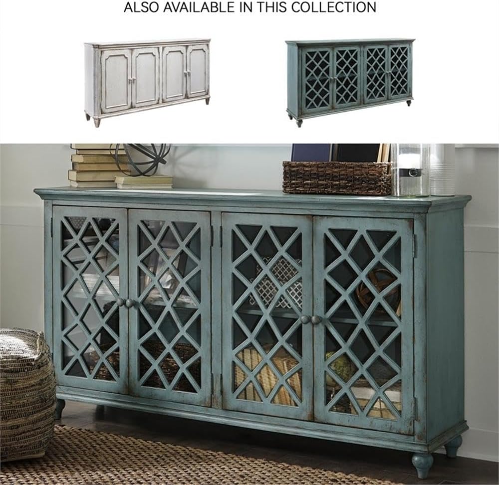 Signature Design by Ashley Mirimyn 4-Door Accent Cabinet, Antique Teal | Veneers, wood and engineered wood construction, Versatile TV stand or dining buffet, Adjustable shelves