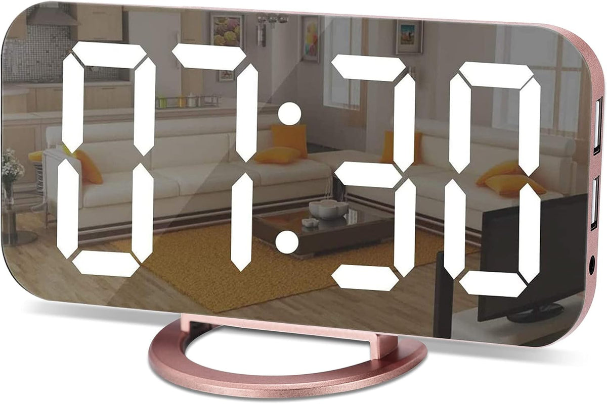 SZELAM Digital Alarm Clock,LED and Mirror Desk Clock Large Display,with Dual USB Charger Ports,3 Levels Brightness,12/24H,Modern Electronic Clock for Bedroom Home Living Room Office - Gold