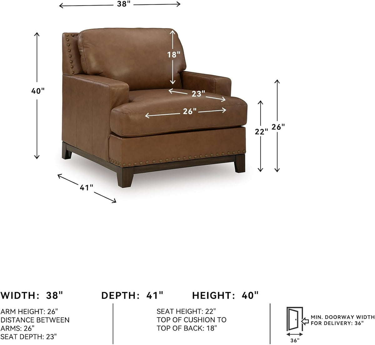 Signature Design by Ashley Oversized Brown Leather Accent Chair, Amber | Genuine and faux leather with brass-tone nailhead trim, Faux wood base, No assembly living room chairs, Brendola Series