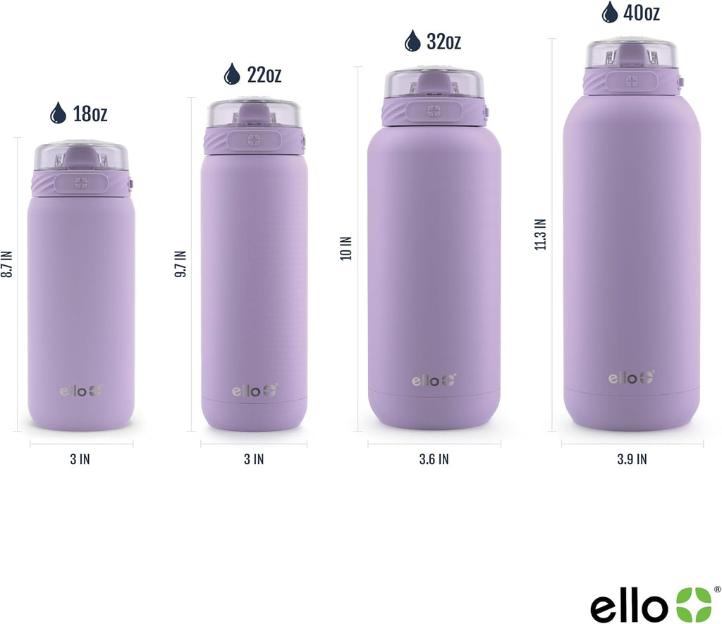 Ello Cooper 22oz Stainless Steel Water Bottle with Straw and Carry Handle, Double Walled and Vacuum Insulated Metal, Leak Proof Locking Lid with Soft Silicone Spout, Reusable, BPA Free, Lilac