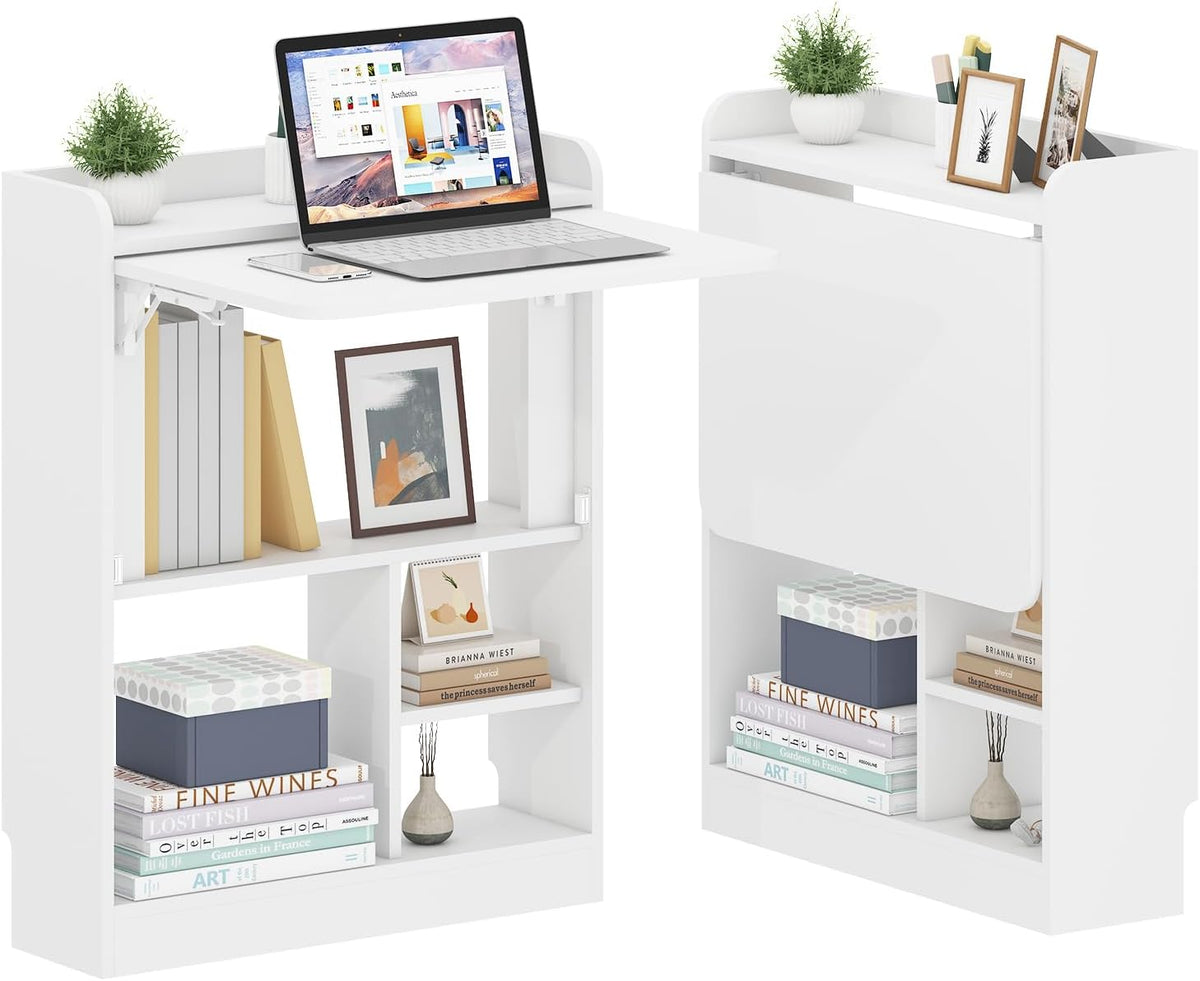 Wall Mounted Table Folding Desk,Drop Leaf Floating Table w/4 Storage Shelve