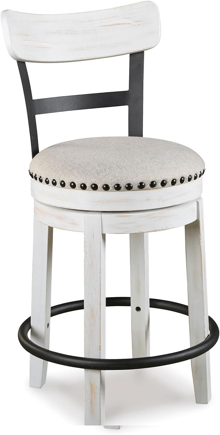 Signature Design by Ashley Valebeck Swivel Counter Height Bar Stool, White | Sturdy 24.5-inch seat with nailhead trim, Farmhouse rustic style featuring linen colored polyester, Smooth 360° rotation