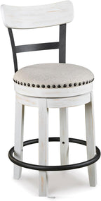 Signature Design by Ashley Valebeck Swivel Counter Height Bar Stool, White | Sturdy 24.5-inch seat with nailhead trim, Farmhouse rustic style featuring linen colored polyester, Smooth 360° rotation