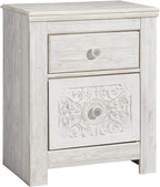 Signature Design by Ashley Nightstand, Paxberry Boho Whitewash | Engineered wood and decorative laminate, Ornate carved-effect medallion details, Includes 2 built-in USB charging ports