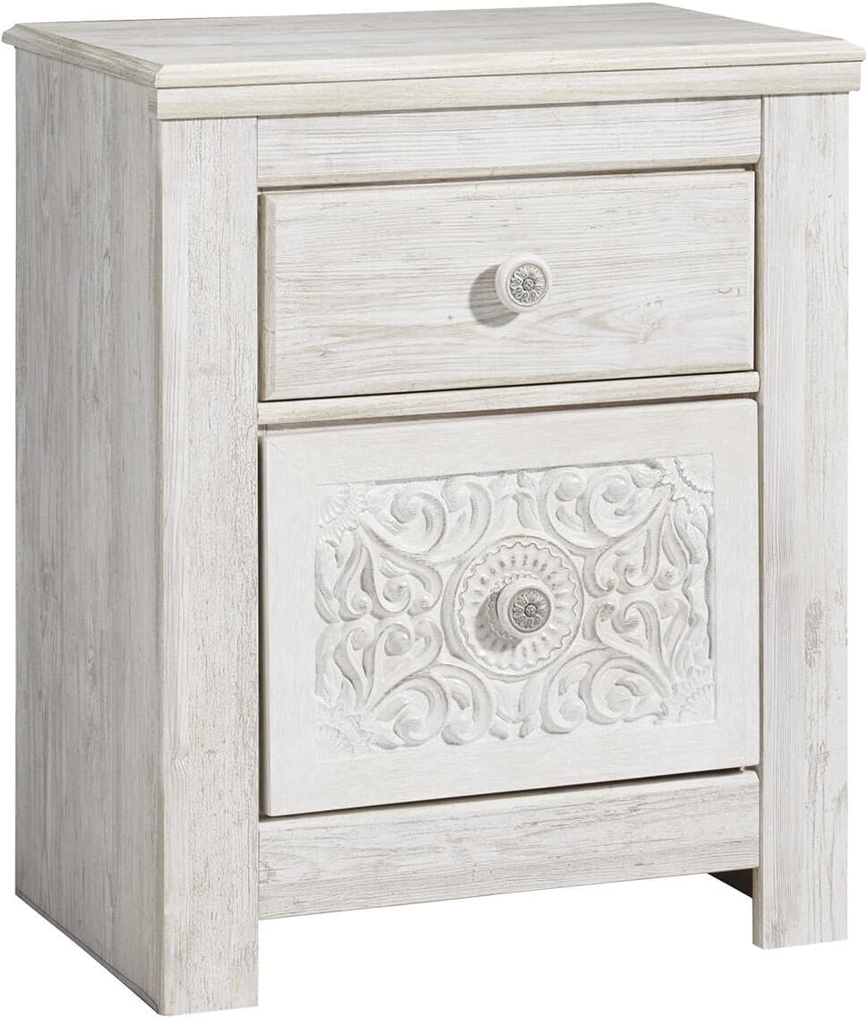 Signature Design by Ashley Nightstand, Paxberry Boho Whitewash | Engineered wood and decorative laminate, Ornate carved-effect medallion details, Includes 2 built-in USB charging ports