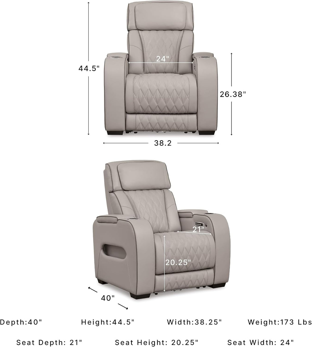 Signature Design by Ashley Boyington Zero Gravity Power Recliner, Gray | Leather match upholstery, Built-in air massage, Heated seat, Adjustable headrest, Dual cup holders, Home theater design