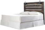 Signature Design by Ashley Drystan King Panel Headboard, Brown | Engineered wood laminate, Built-in LED sconces, Dual USB charging ports, Rustic industrial style