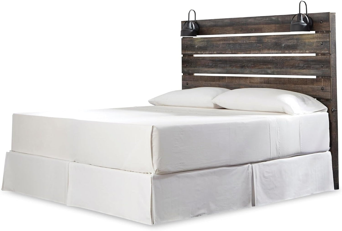 Signature Design by Ashley Drystan King Panel Headboard, Brown | Engineered wood laminate, Built-in LED sconces, Dual USB charging ports, Rustic industrial style