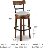 Signature Design by Ashley Valebeck Swivel Bar Stool with Back, 30 in | Wood & engineered wood, 360-degree swivel, Linen colored polyester, Rustic farmhouse style, 250 lb capacity