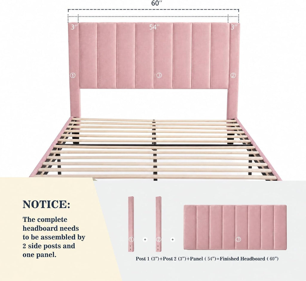 Allewie Queen Bed Frame/Velvet Upholstered Bed Frame with Vertical Channel Tufted Headboard/Strong Wooden Slats/Platform Bed Frame/Mattress Foundation/Box Spring Optional/Easy Assembly/Pink