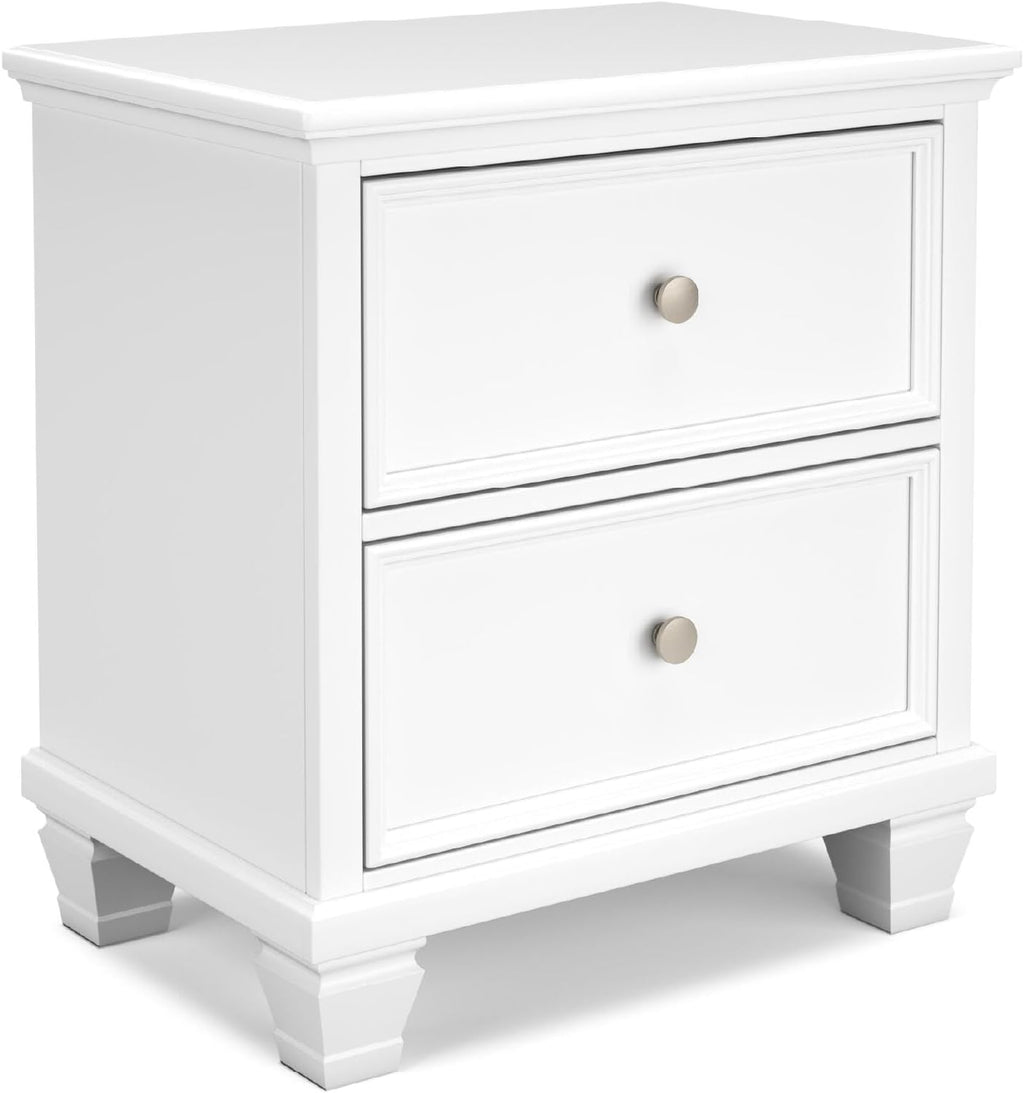Signature Design by Ashley Fortman White Nightstand, 2 Drawer Storage, Hardwood Solids and MDF Construction, Traditional Wood Bedside Table, 25" W | Hardwood solids and MDF substrate, Smooth-gliding closed storage, Ideal for master and guest rooms