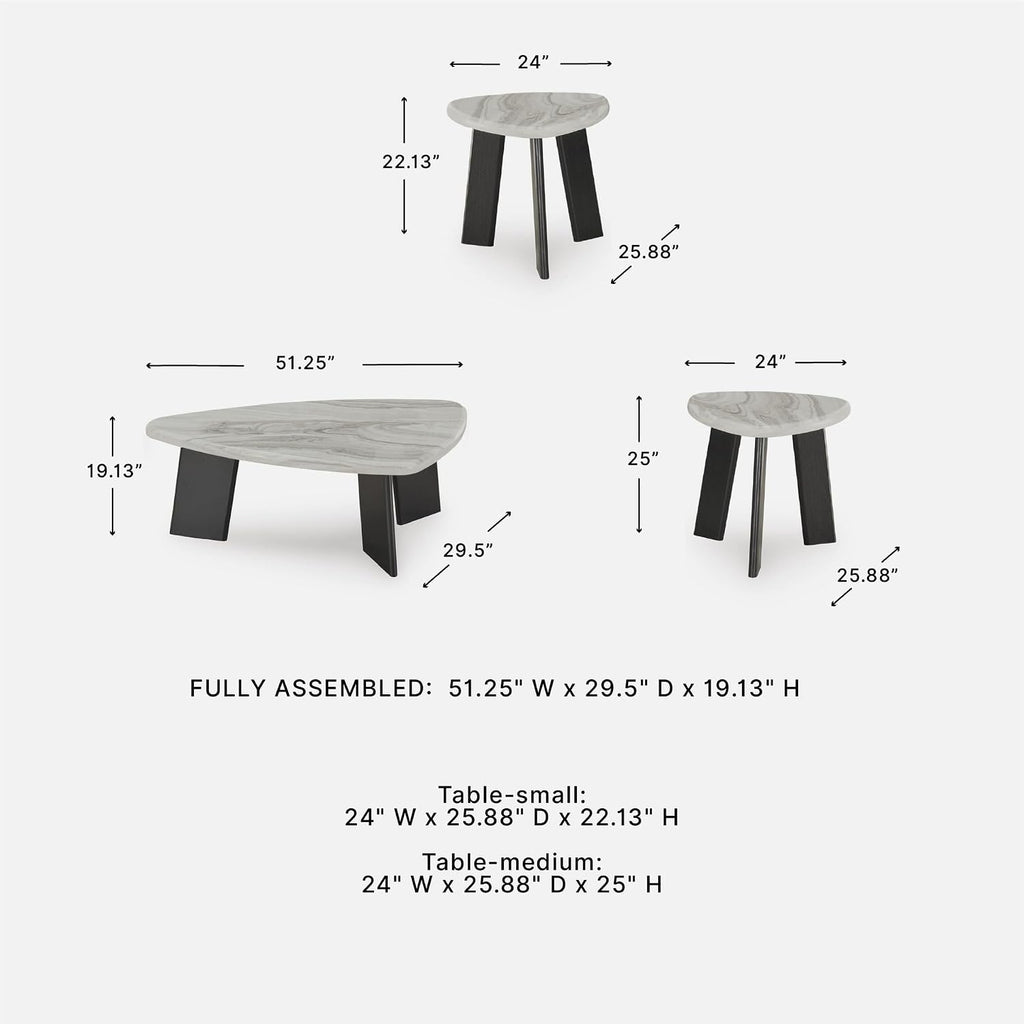 Signature Design by Ashley Lilyberg 3 Piece Coffee Table Set, Black Legs | Engineered wood and decorative laminate, Replicated Carrara marble top, Triangular modern coffee table set, Living room use