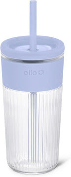 Ello Ava 18oz Glass Tumbler with Straw and Lid for Iced Coffee, Blueberry