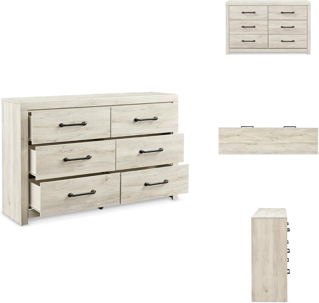 Signature Design by Ashley Cambeck 6 Drawer Dresser, Farmhouse White Wood | 59"W double dresser in engineered wood and decorative laminate, 6 drawers with faux linen lining, Includes tip restraint
