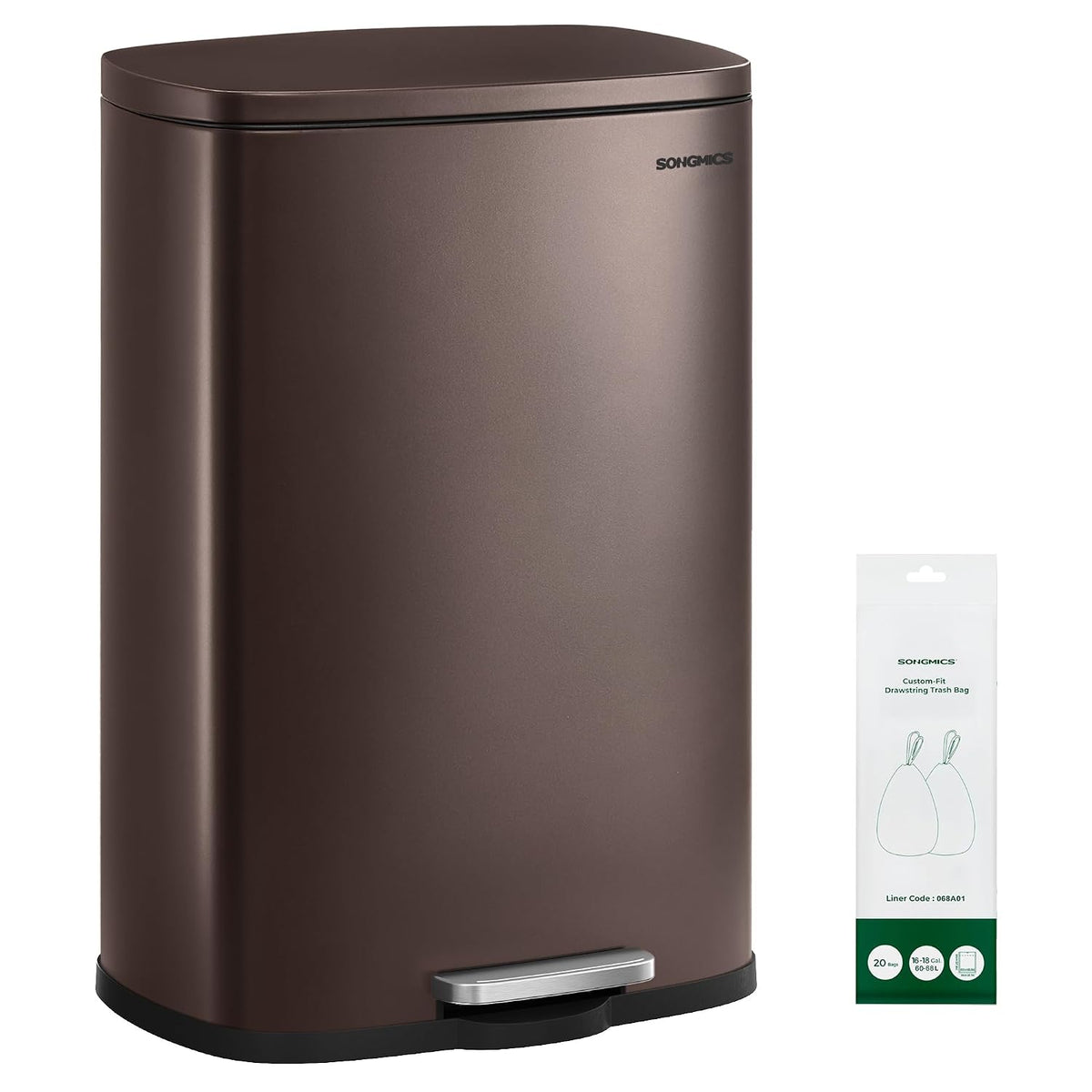 SONGMICS 13 Gallon (50 L) Trash Can, Stainless Steel, Step-On Pedal