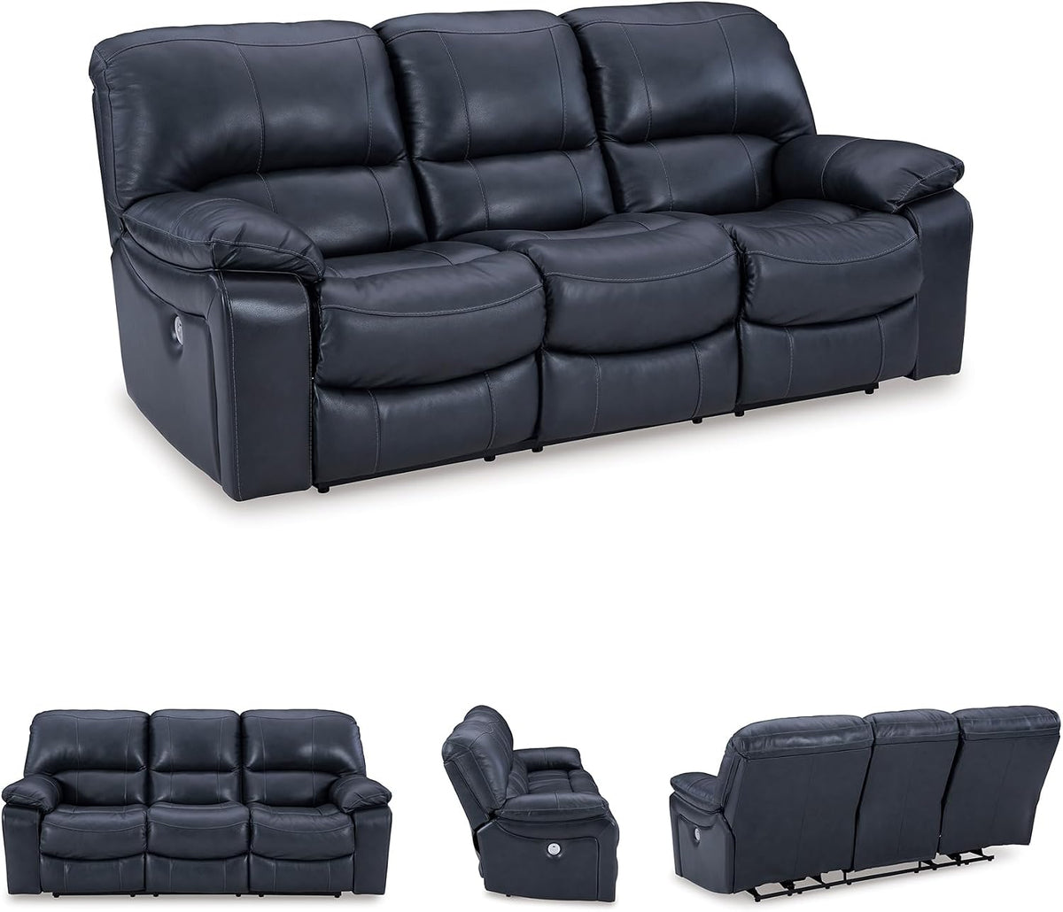 Signature Design by Ashley 3-Seat Zero Wall Power Reclining Sofa, Blue | Breathable top-grain leather, 4.5-inch wall hugger design, Integrated zero-draw USB port, Power headrest, Leesworth Series