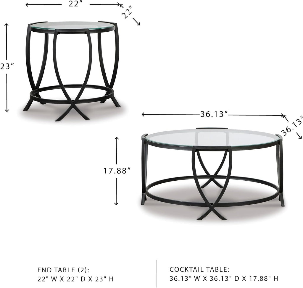 Signature Design by Ashley 3-Piece Glass Top Round Coffee Table Set, Black | Elegant beveled tempered glass, Modern arc-X metal frames, Space-saving Tarrin Series 3-piece set