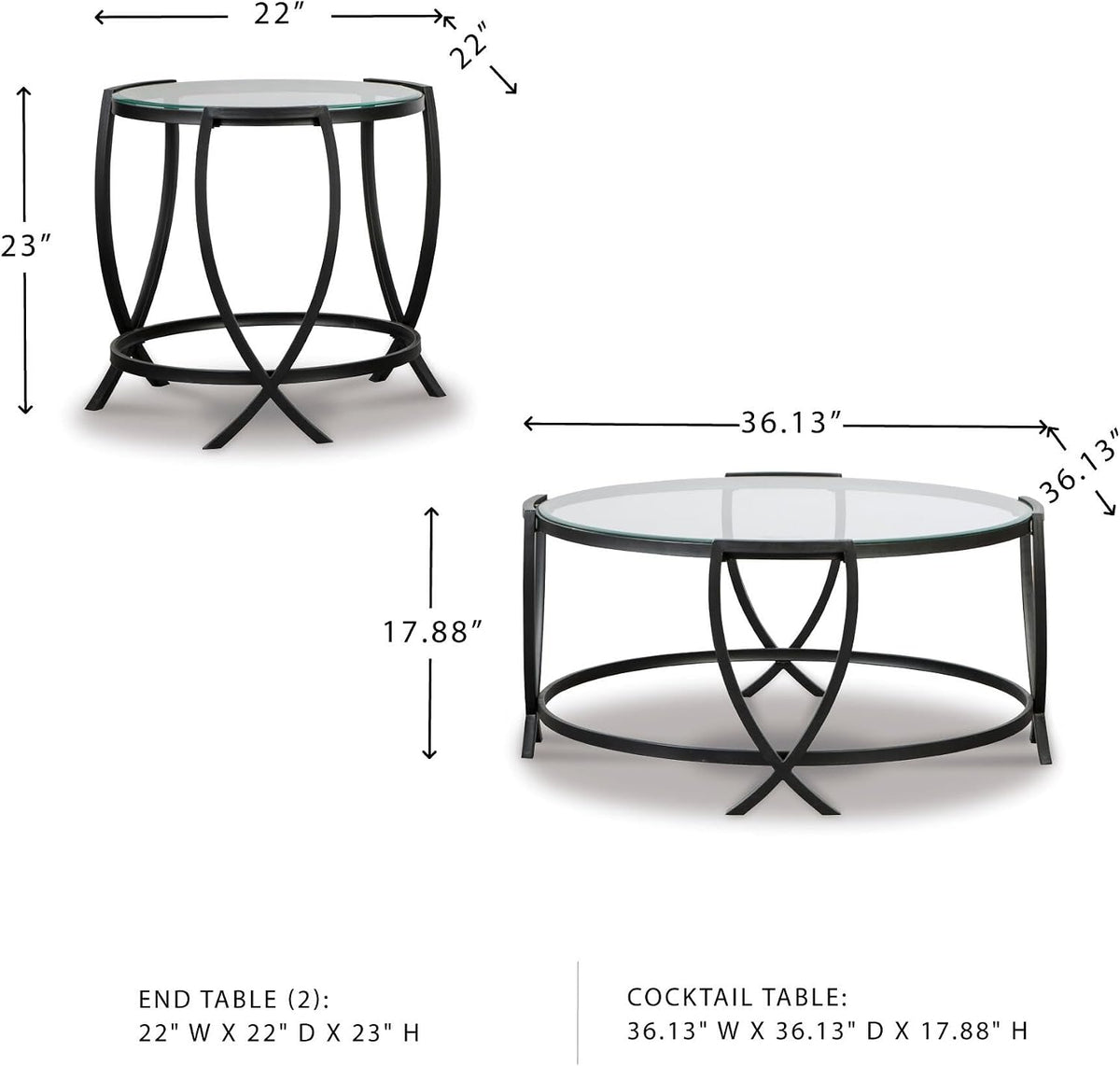Signature Design by Ashley 3-Piece Glass Top Round Coffee Table Set, Black | Elegant beveled tempered glass, Modern arc-X metal frames, Space-saving Tarrin Series 3-piece set