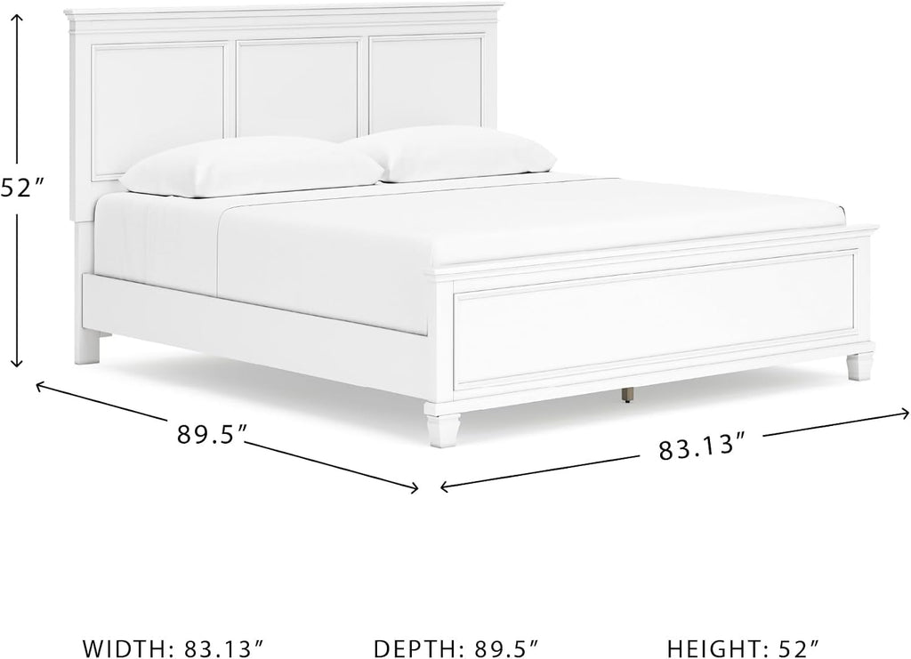 Signature Design by Ashley Fortman California King Panel Bed, White | Painted white finish with tapered feet, Hardwood solids and MDF substrate construction, Compatible with adjustable bases