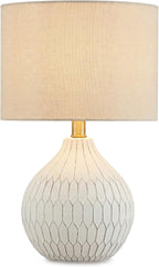 Signature Design by Ashley Ceramic Table Lamp, Bedside, Antique White | Textured wave ceramic base, Compact 18-inch height ideal for bedside nightstands and transitional styling, Wardmont Series
