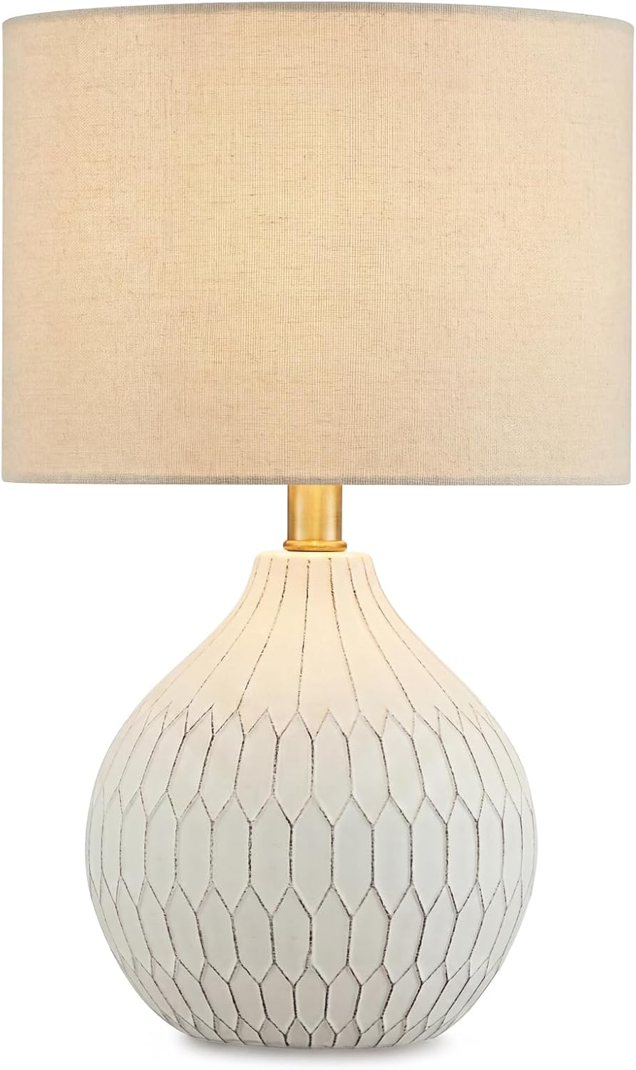 Signature Design by Ashley Ceramic Table Lamp, Bedside, Antique White | Textured wave ceramic base, Compact 18-inch height ideal for bedside nightstands and transitional styling, Wardmont Series