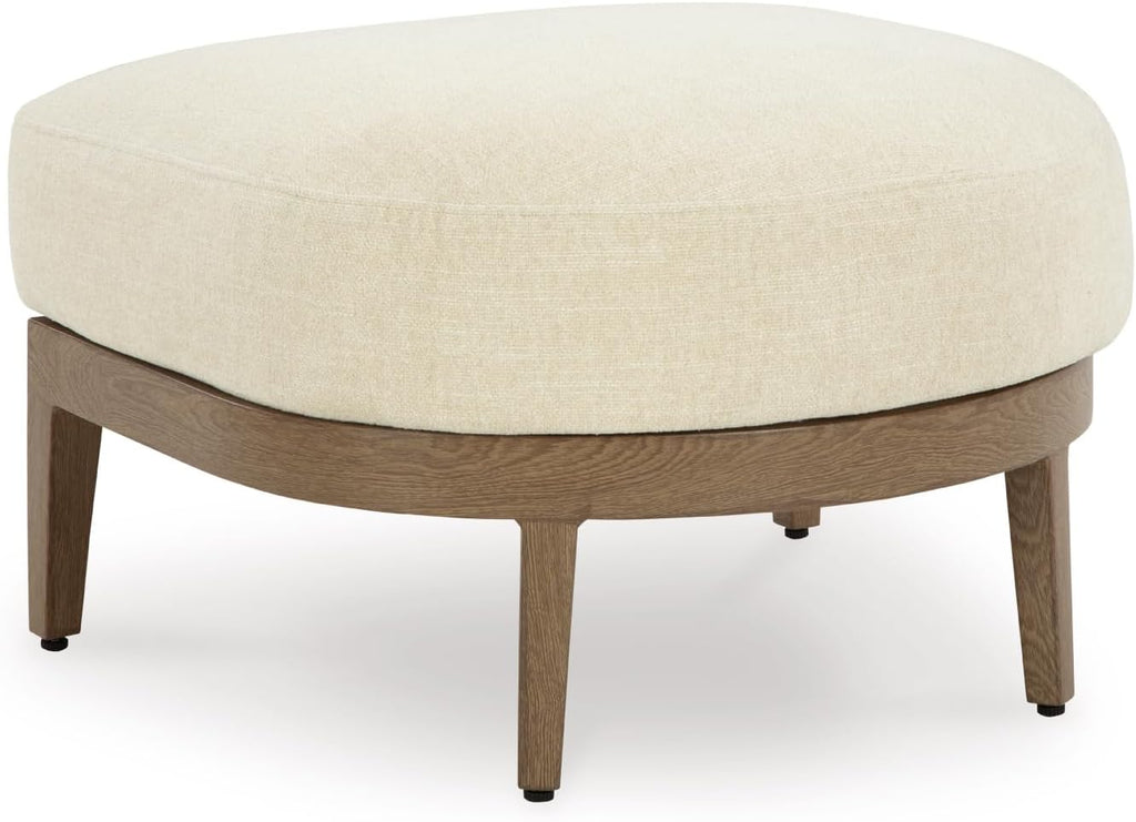 Signature Design by Ashley Outdoor Ottoman with Cushion, Brown | Aluminum frame outdoor footstool, Wood-look finish, High-performance polyester fabric patio ottoman, Serene Bay Series