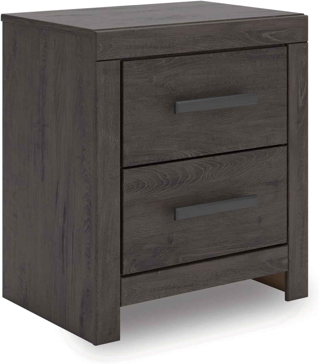 Signature Design by Ashley 2 Drawer Grey Nightstand, Charcoal, Prendonea | Engineered wood with decorative laminate, Smooth-gliding drawers, Replicated oak texture, Sturdy 41 lb solid frame