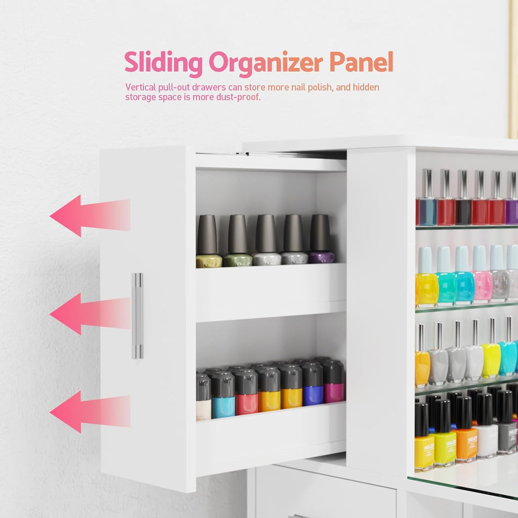 Nail Desk Tech Storage,Professional Manicure Desk Top Pull-Out with Glass Top, Dust Collector, 4 Dust Bags, Storage Drawers & Cabinets,8 Metal Legs Manicure Table