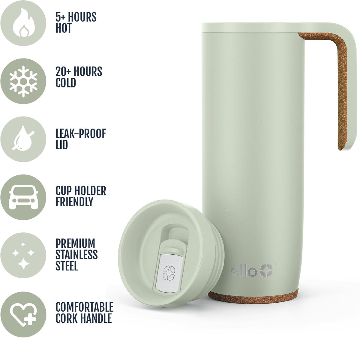 Ello Magnet 18oz Insulated Stainless Steel Travel Mug with Handle, Sage