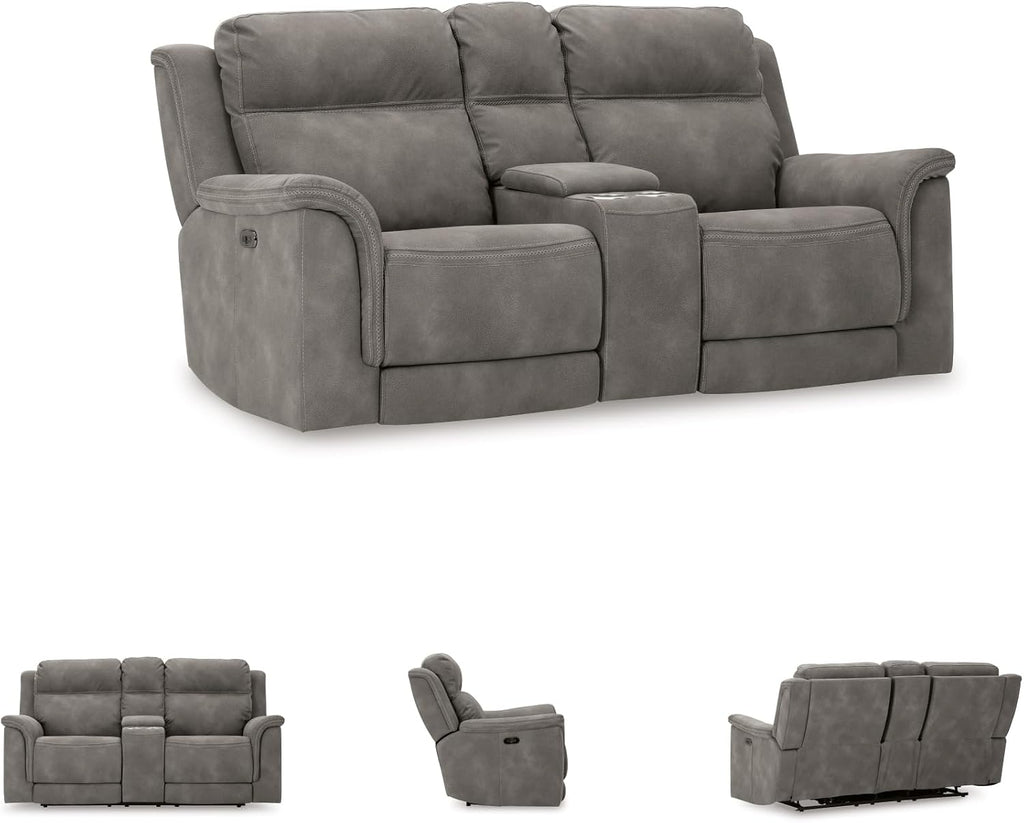 Signature Design by Ashley Power Reclining Loveseat Sofa with Console | Faux leather look, 15-minute assembly, Water-resistant DuraPella fabric, Zero-gravity reclining, Adjustable headrest