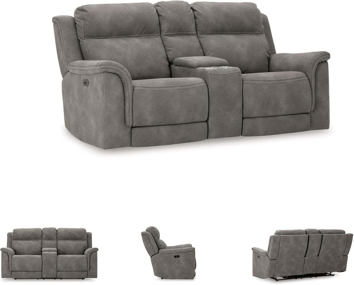 Signature Design by Ashley Power Reclining Loveseat Sofa with Console | Faux leather look, 15-minute assembly, Water-resistant DuraPella fabric, Zero-gravity reclining, Adjustable headrest