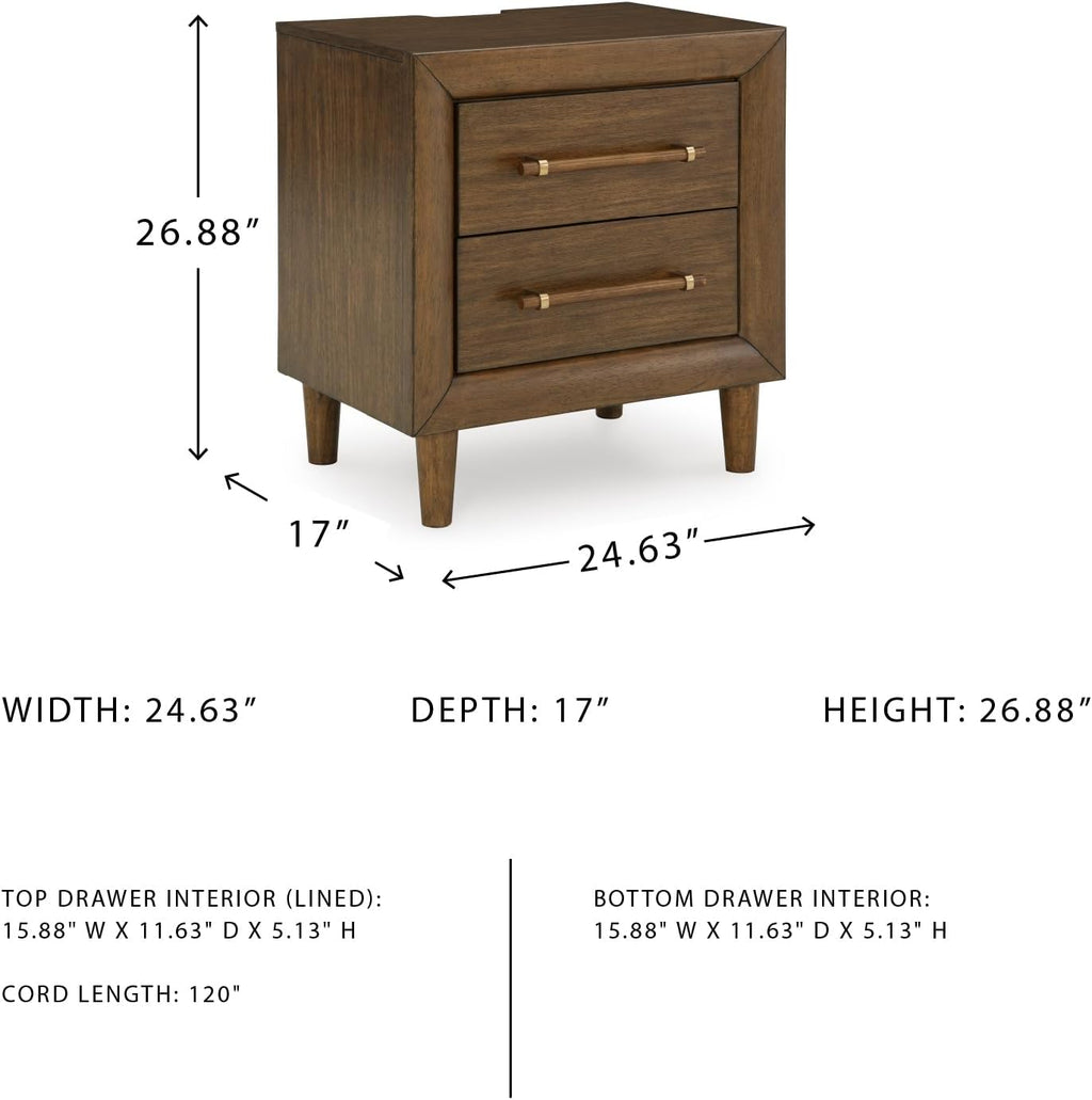 Signature Design by Ashley Lyncott Wood Nightstand with Charging Station | Mid-century mango wood veneer, 2 dovetail drawers, Built-in USB-A and USB-C charging, Round tapered legs