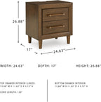 Signature Design by Ashley Lyncott Wood Nightstand with Charging Station | Mid-century mango wood veneer, 2 dovetail drawers, Built-in USB-A and USB-C charging, Round tapered legs